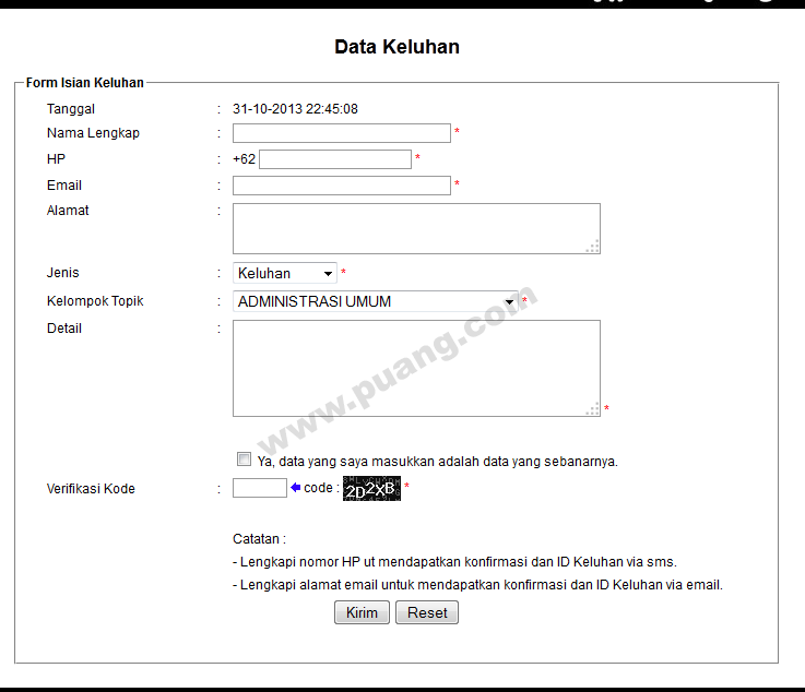 Form Input Keluhan/Saran/Kritikan Online via Website